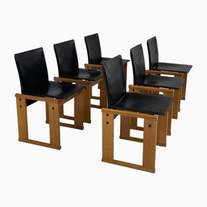 Monk Chairs in Black Leather by Afra & Tobia Scarpa for Molteni, Set of 6