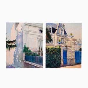 Jean Yves Herbin, Urban Scenes, 1991, Oil on Canvas Paintings, Set of 2