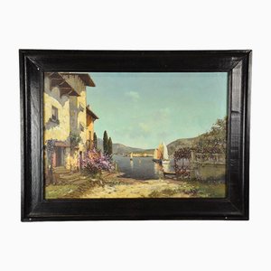 Alfredo Caldini, Villa at the Italian Riviera, 1960s, Oil on Canvas, Framed