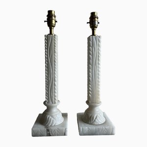 Antique Carved Alabaster Stone Column Lamps, 1890s, Set of 2