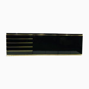 Vintage Sideboard in Brass and Black Laquered by Jean Claude Mahey, 1970s
