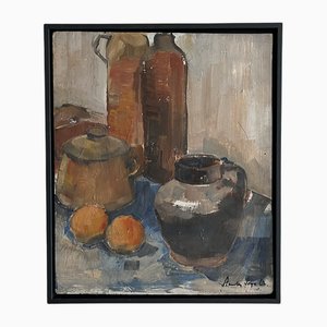 Stanley Joyce, Bodegón de frutas y cerámica, años 60, pintura al óleo, enmarcado