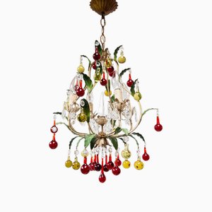 Italian Chandelier with Leaves and Glass Drops, 1960s