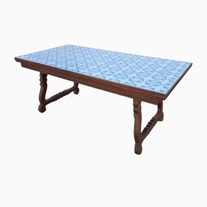 Vintage Spanish Wooden Dining Table with Manises Tiles