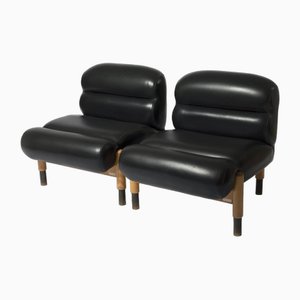Brutalist Lounge Chairs in Wood and Artificial Leather, Former Czechoslovakia, 1970s, Set of 2