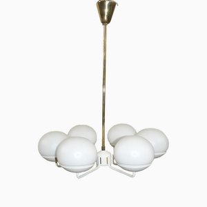 Chandelier in White Metal and Brass with 6 Opal Glass Domes, 1960s