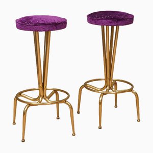 Runde Hocker aus Messing & Samt in Violett, 1970, 2er Set