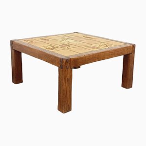 Square Coffee Table in Oak and Ceramic, France, 1960s