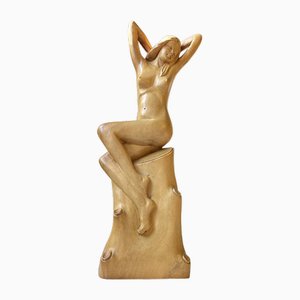 Large Art Deco Sculpture of Nude Female in Hand-Carved Wood, 1940s Scandinavia