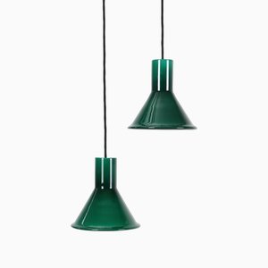 Mini-P&T Hanging Lamps in Green Glass by Michael Bang for Holmegaard, 1970s, Set of 2