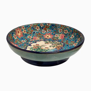 Art Deco Earthenware Bowl with Polychrome Enamel Flowers from Longwy, 1930s