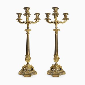 Candelabros Empire de bronce dorado de tres llamas, 1800. Juego de 2