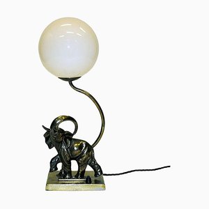 Lampe de Bureau Éléphant Art Déco avec Abat-Jour en Verre Opalin, 1930s