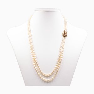 Two-Strand Pearl Necklace with 14k Yellow Gold Susta with Rubies, 1960s