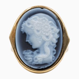 Vintage 14K Yellow Gold Ring with Cameo on Agate, 1970s
