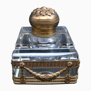 Inkwell in Gilt Bronze and Crystal