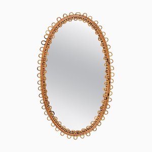 Mid-Century French Riviera Oval Mirror in Curved Rattan and Bamboo, 1960s
