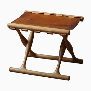 PH41 Folding Stool in Oak and Leather by Poul Hundevad, 1960s