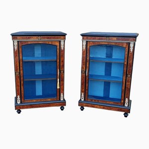 Victorian Marquetry & Ebony Framed Burr Walnut Display Cabinets, Set of 2