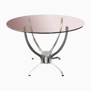 Round Dining Table in Smoked Glass with Brushed Aluminum Base