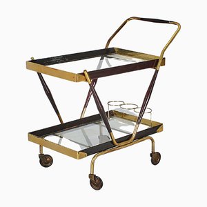 Mid-Century Brass, Glass and Dark Wood Bar Cart by Cesare Lacca, Italy, 1960s