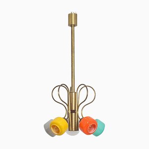 Mid-Century Coloured Glass and Brass Chandelier from Stilnovo, Italy, 1950s