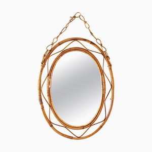 Specchio ovale Mid-Century in bambù e vimini, Italia, anni '60