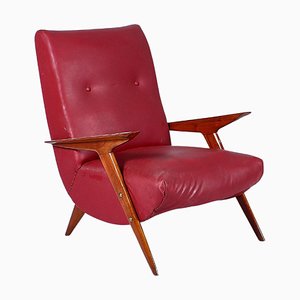 Mid-Century Shaped Wood and Red Leather Armchair by C. Graffi, 1950s