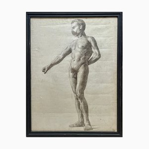 Desnudo masculino con bigote, década de 1890, dibujo a lápiz, enmarcado