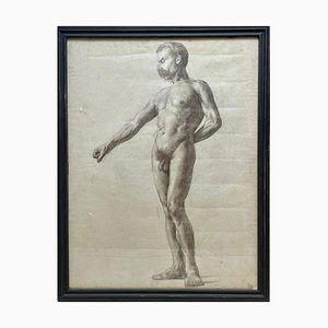 Male Nude with Mustache, 1890s, Pencil Drawing, Framed