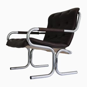Brown Skai & Chrome Tube Lounge Chair, Denmark, 1960s