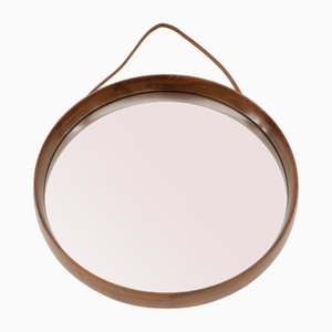 Round Wall Mirror in Teak and Leather, Sweden, 1960s