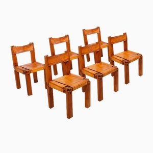 French S11 Chairs in Elm and Leather by Pierre Chapo, 1970s, Set of 6