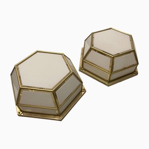 Hexagonal Brass Glass Sconces, 1980s, Set of 2