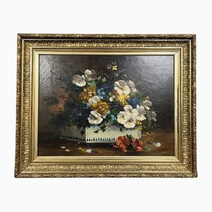 E. Liot, Still Life with Flowers, Oil on Canvas, Framed