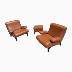 Model P73 Lounge Chairs and Pouf in Brown Leather by Eugenio Gerli for Techno, 1950s, Set of 3