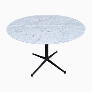 Round Dining Table in Iron and Brass with White Carrara Marble Top, 1950s