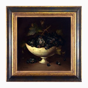 Salvatore Marinelli, Vase avec Raisins Noirs, 20ème Siècle, Huile sur Toile, Encadrée