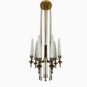 Mid-Century Brass and Opaline Glasses Chandelier from Arredoluce Monza, Italy, 1950s