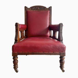 Edwardian Oak Armchair with Red Vinyl Upholstery