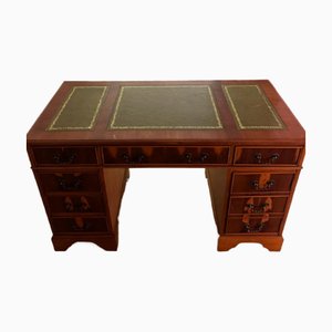 Antique Pedestal Desk with Green Leather Inlays