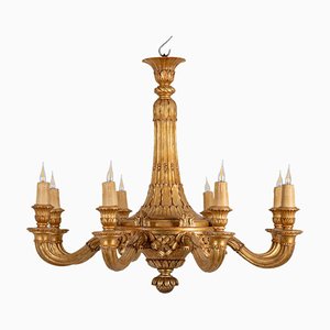 Lámpara de araña estilo Luis XVI de madera tallada y dorada de Dumez, años 50