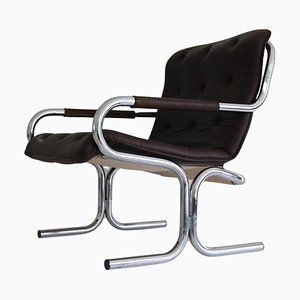 Brown Skai Leather and Chrome Tube Lounge Chair, Denmark, 1960s