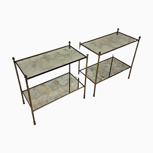 Neoclassical Brass and Oxidized Mirror Side Tables, Set of 2