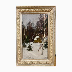 Boris Mikhailovich Lavrenko, Haystack in the Snow-Covered Forest, Oil Painting, 1972, Framed