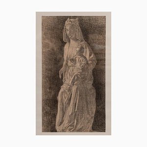 Statue of Virgin and Child, Early 20th Century, Charcoal Drawing, Framed