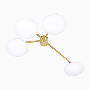 Lampada da soffitto in ottone e vetro di Murano nello stile di Arredoluce