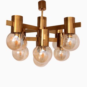 Brass Chandelier with Opaline Glass by Hans-Agne Jakobsson for Hans-Agne Jakobsson Ab Markaryd, Sweden, 1960s