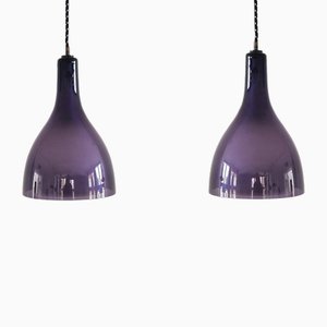 Vintage Purple and White Glass Pendant Lamps, 1960s, Set of 2