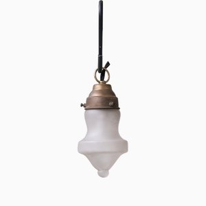 Small Mid-Century Opaque Glass and Brass Pendant Light